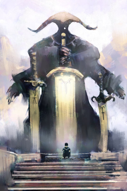 数码艺术绘画，男孩在石凳前阅读魔法书，亚克力在画布上纹理，讲故事插图图片下载