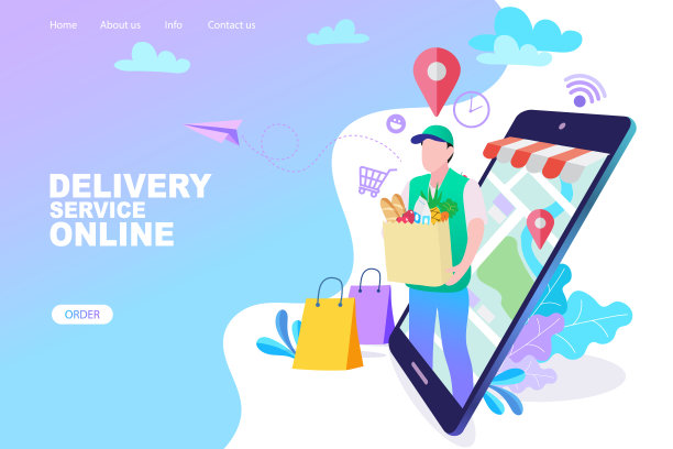 交付的概念。男士通过智能手机在线配送食品杂货。通过手机平面设计风格在社交网络上购物。矢量插图。图片下载