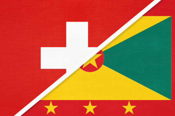 瑞士和格林纳达的国旗象征纺织品。两国之间的冠军。图片下载