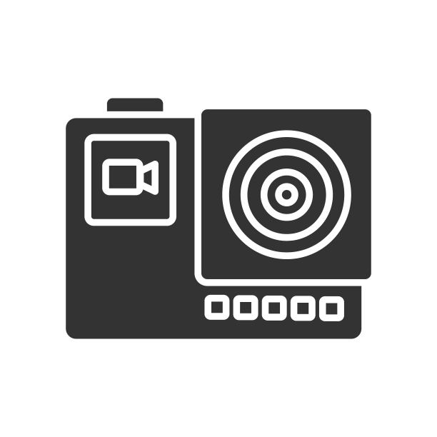 动作相机黑色字形图标。电子设备的概念。摄像机用于积极的运动。象形文字用于网页、手机应用、促销。屏幕界面用户体验。用户界面显示。图片下载