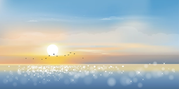 戏剧性的日落与天空线在橙色，黄色和粉红色的鸟飞行的背景，矢量插图美丽的自然景观海滨在晚上的暑假素材图片