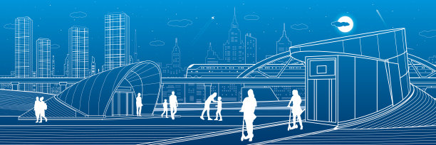 勾勒城市生活插图全景。傍晚城镇城市景象。人们行走。火车。现代建筑。蓝色背景上的白线。矢量设计艺术图片下载