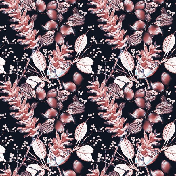 无缝模式与松果，葡萄和浆果。图片下载