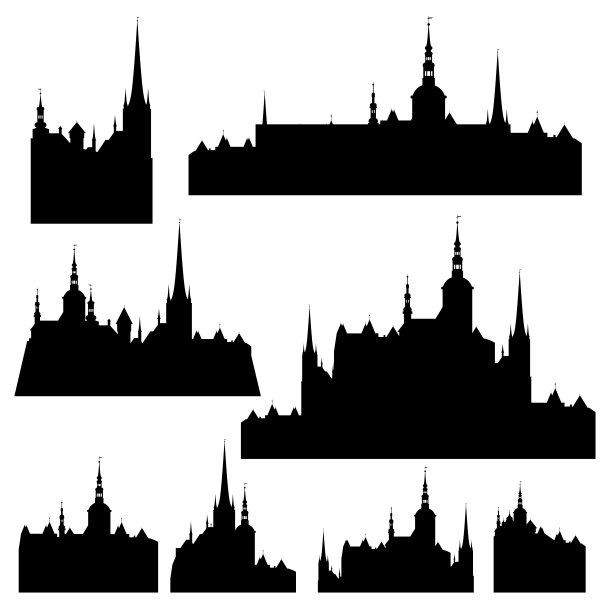 中世纪城堡详细的黑白矢量剪影集图片下载