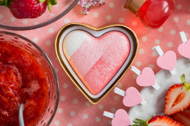 在心形盒子里脸红。草莓背景上的粉色化妆品图片下载
