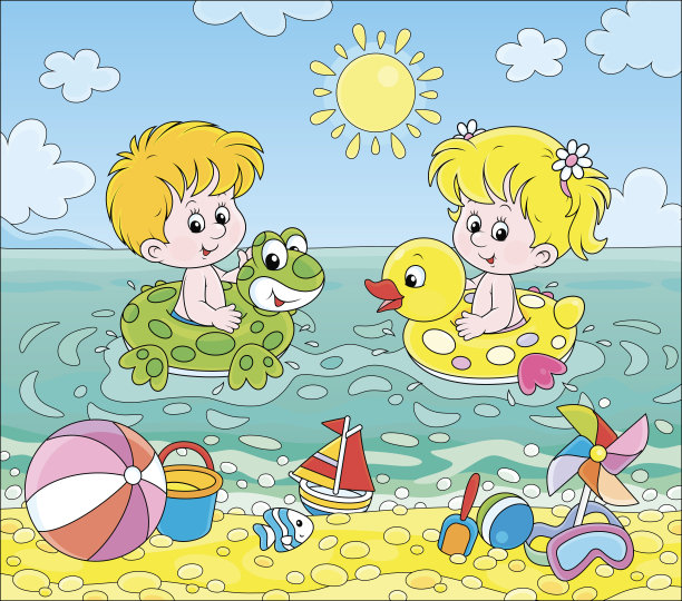 孩子们在有趣的充气圈里游泳图片下载