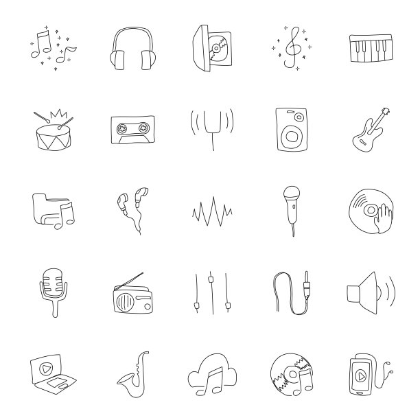 音乐手绘线性涂鸦孤立的白色背景。音乐图标设置为web和UI设计，移动应用程序和打印产品图片下载