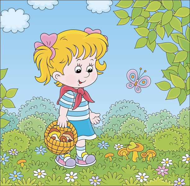 小女孩在森林里开蘑菇图片下载