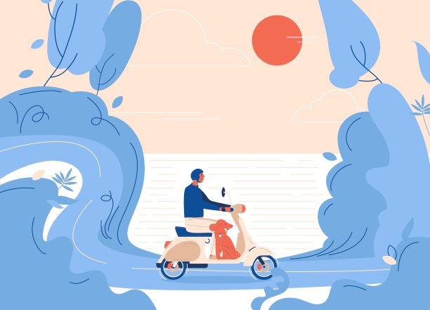 男人和狗在森林里骑滑板车概念插图矢量图图片下载