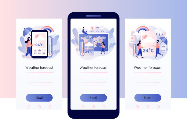 天气预报应用程序。气象温度计。太阳，云，风，雷暴，雨。手机智能手机屏幕模板。现代平面卡通风格。矢量插图上的白色背景图片下载
