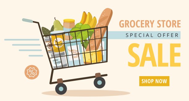 有购物篮的食品店。横幅宣传销售。图片下载