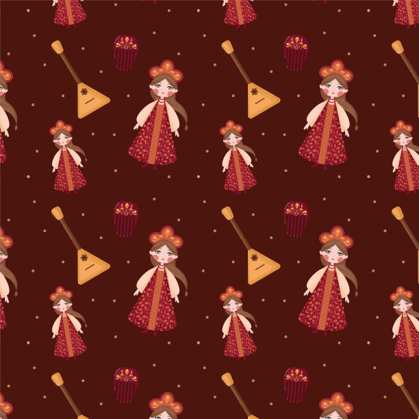 棕色背景与俄罗斯女孩穿着传统服装，红色连衣裙，俄罗斯文化图片下载