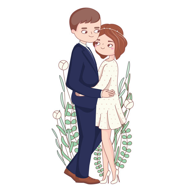 新郎和新娘浪漫的拥抱。优雅的插图可爱浪漫的夫妇结婚或订婚。图片下载