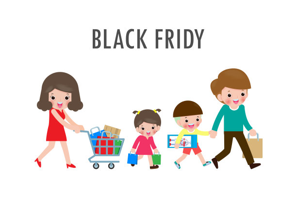 黑色星期五促销活动，快乐的家庭购物，父母和孩子的购物车，大减价。购买商品和礼物。购物概念孤立在白色矢量插图图片下载