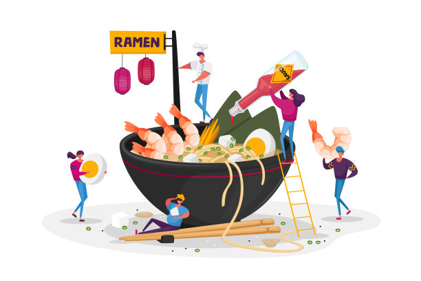 小男女角色烹饪和吃拉面或意大利面，人们把调料和面条放在大碗里图片下载