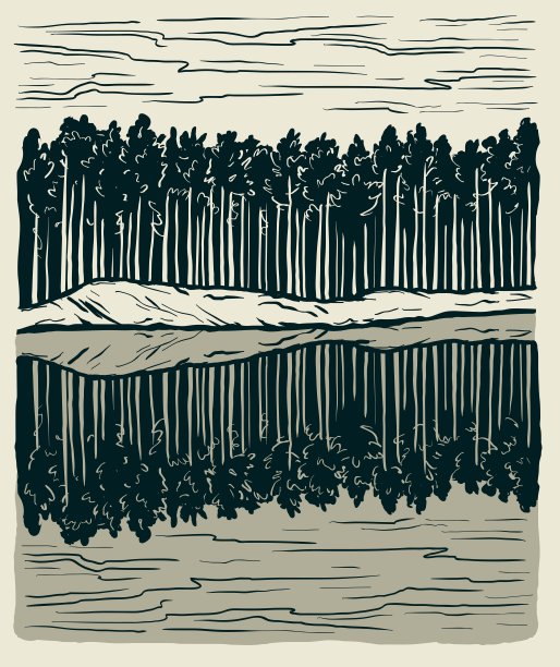 美丽的自然景观。山河岸边的高大松树图片下载