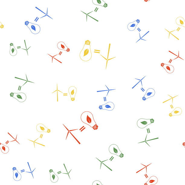 彩色风力涡轮机和灯泡与树叶作为环保能源的理念图标孤立无缝模式在白色背景。向量图片下载