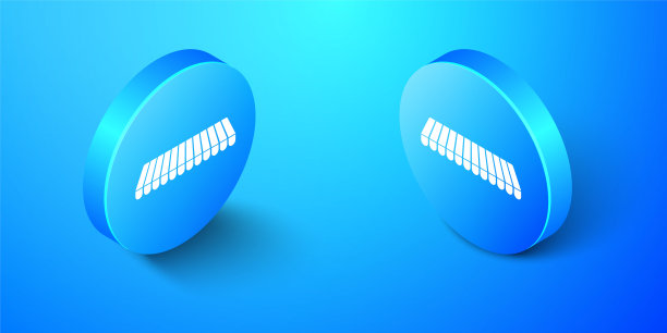 等距条纹遮阳篷图标孤立在蓝色背景。户外遮阳伞的迹象。适用于商店、咖啡馆和街头餐馆的遮阳篷。蓝色圆按钮。向量图片下载