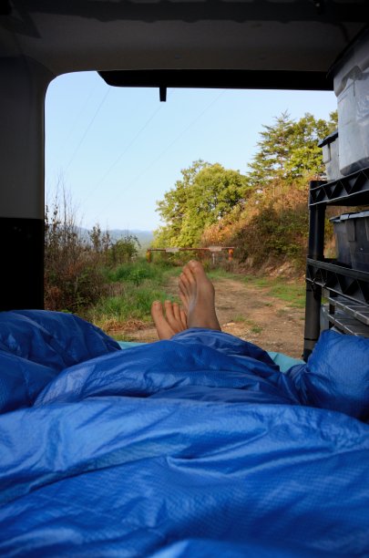 躺在被子下，坐着车欣赏风景图片下载