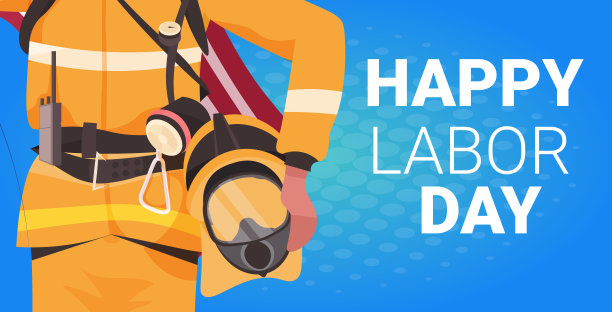 消防队员穿着制服举着美国国旗和头盔庆祝劳动节快乐的概念图片下载