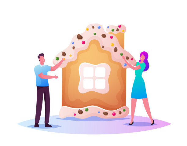 小小的男性女性角色烘烤巨大的圣诞姜饼屋装饰饼干和糖果。节日活动图片下载