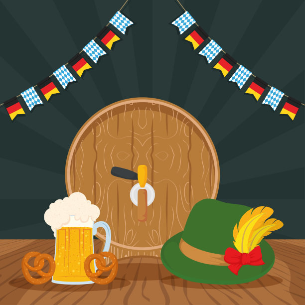 啤酒节派对庆祝海报与啤酒桶和设置图标图片下载