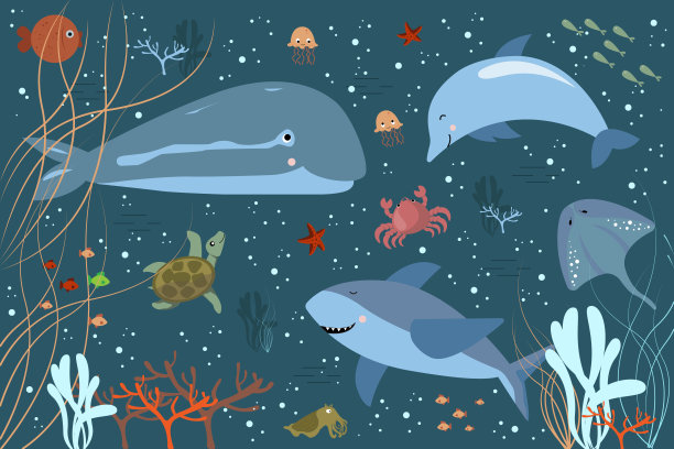 卡通水下概念背景。海洋世界，可爱的鱼和海洋生物，藻类。素材图片