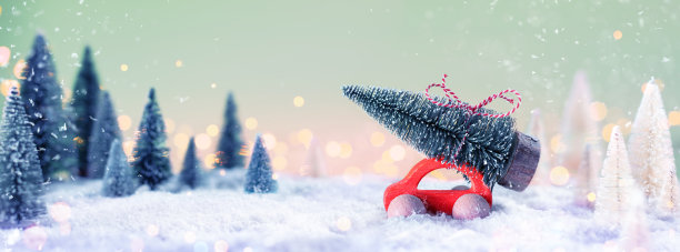 一辆红色汽车载着一棵圣诞树图片下载