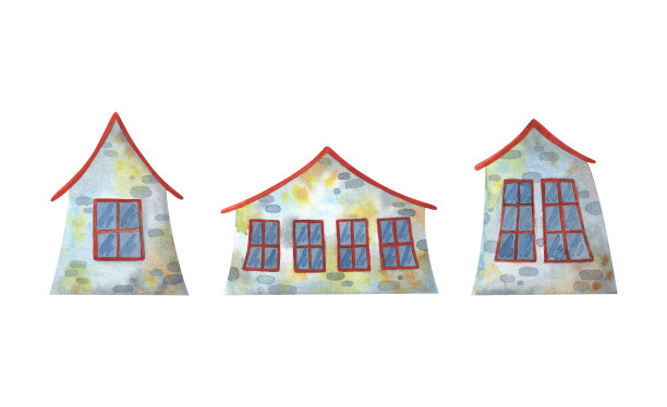 灰色的石头房子和红色的屋顶。水彩插图孤立的白色背景。一组库存图像。不同形状的童话建筑集合。图片下载