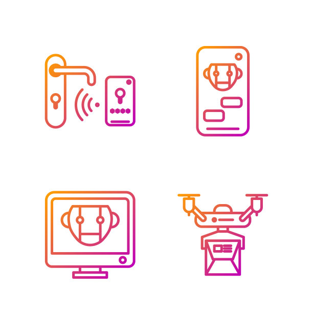 集无人机送货理念，机器人，数字门锁与无线解锁技术和机器人。渐变颜色图标。向量图片下载