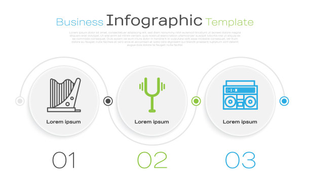 设置线竖琴，音乐音叉和家庭立体声两个扬声器。业务信息模板。向量图片下载