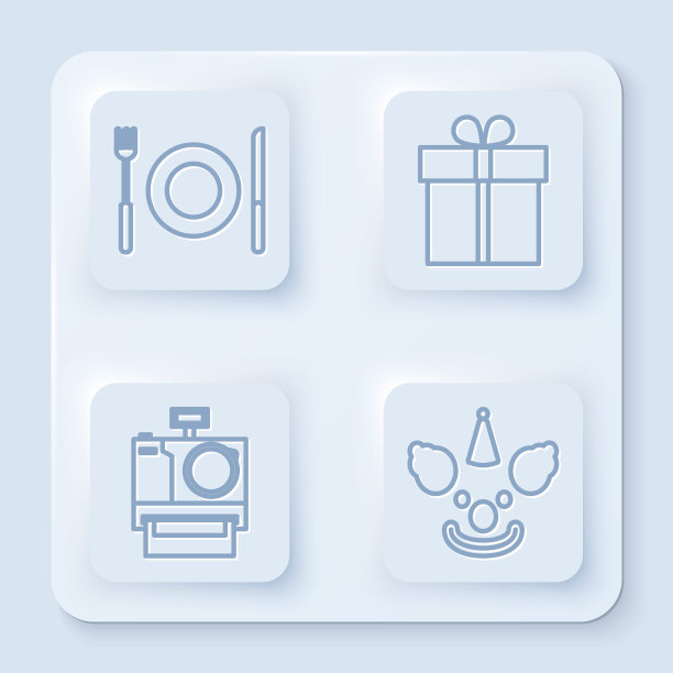 设置线盘，刀叉，礼盒，相机和小丑头。白色方形按钮。向量图片下载