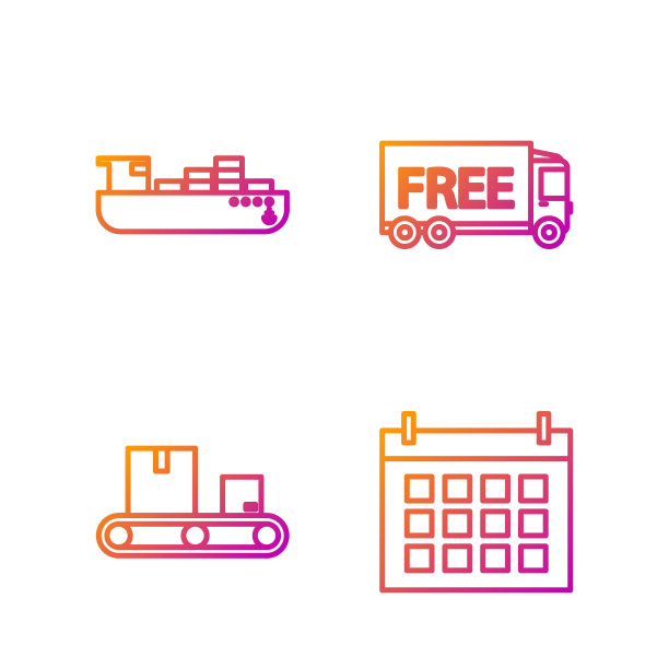 设有线挂历，传送带带纸箱，货船带箱送货服务，免费送货服务。渐变颜色图标。向量图片下载