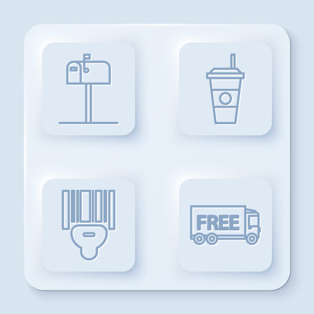 设有开通邮箱、咖啡杯、扫描条码及免费送货服务。白色正方形按钮。向量图片下载