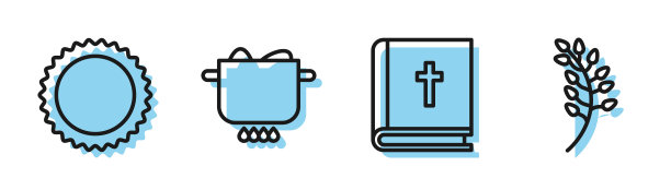 设行圣经、太阳、火锅蛋、柳叶图标。向量图片下载