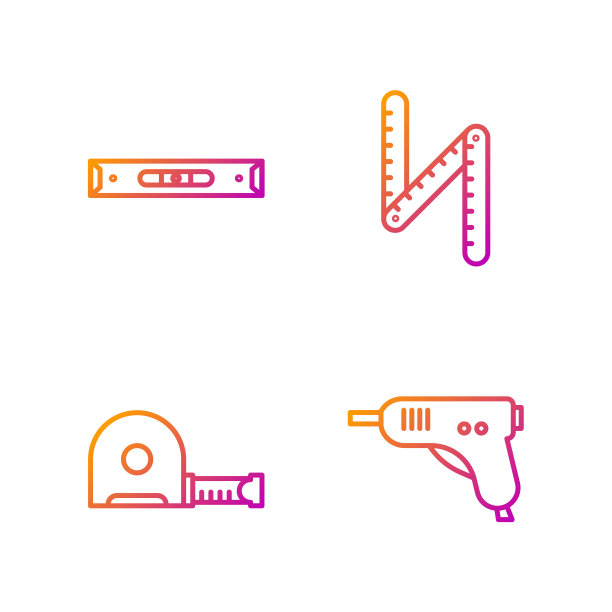 设线电热熔胶枪，轮盘施工，施工气泡水平尺和折叠尺。渐变颜色图标。向量图片下载