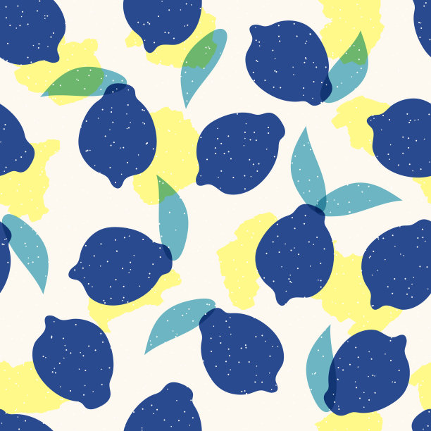 无缝夏季矢量模式与整个梦幻蓝色柠檬与树叶。热带背景手绘卡通风格。彩色的柑橘背景纺织品，织物，数字纸图片下载