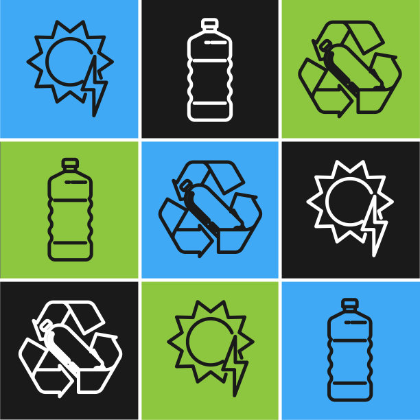 设置太阳能电池板，回收塑料瓶和塑料瓶图标。向量图片下载