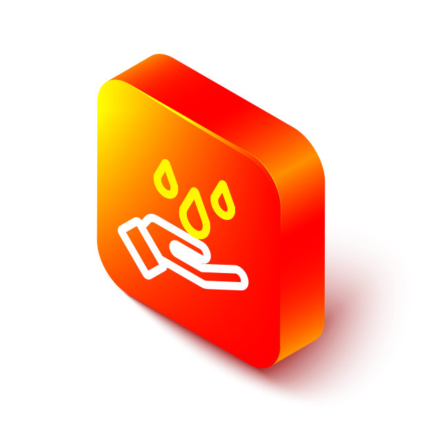 等距线洗手用肥皂图标隔离在白色背景。用肥皂洗手可以预防病毒和细菌。橙色平方按钮。向量图片下载