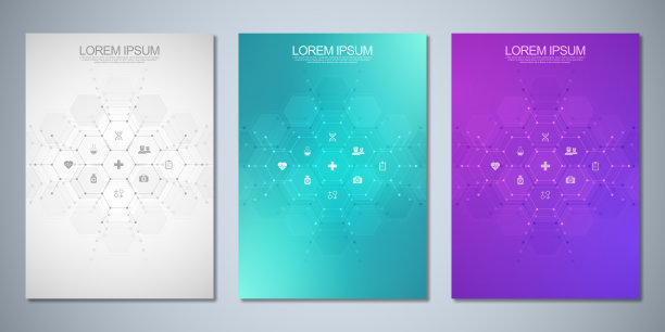 模板小册子或封面书，页面布局，传单设计。理念与理念为医疗事业，创新医药、制药、科技。医疗背景与平面图标和符号。图片下载