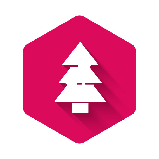 白色圣诞树图标，长阴影，圣诞快乐新年快乐粉色六边形按钮矢量图图片下载