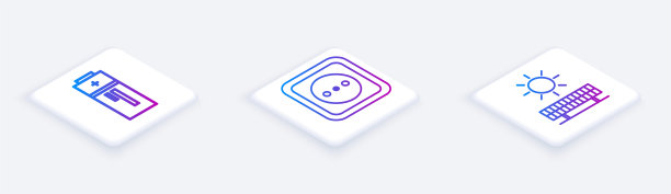 设置等距线电池，电源插座和太阳能板和太阳。白色正方形按钮。向量图片下载