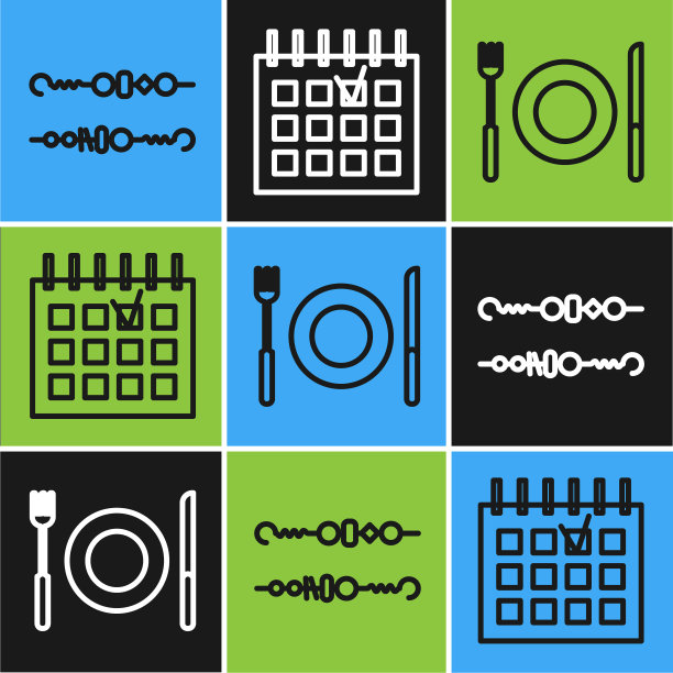 设置线烤羊肉串，盘，叉和刀和详细的日历图标。向量图片下载