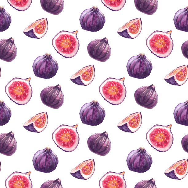 水彩图案与无花果。无花果的紫色果实在白色的背景。无缝水果图案插图，用于明信片、海报、纺织品设计等。图片下载