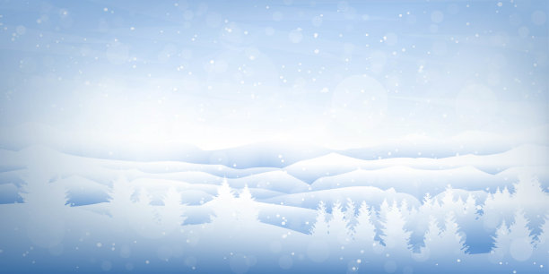 矢量插图。平坦的风景。下雪的背景。雪。降雪。湛蓝的天空。暴雪。卡通壁纸。寒冷的天气。冬天的季节。森林树木和山脉。设计网站素材图片