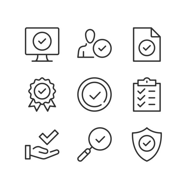 质量控制线图标。批准，检查标记符号，检查标记，验证，保证，认证，批准概念。认证的产品。简单的轮廓符号，现代的直线图形元素。细线的设计。矢量图标设置图片下载