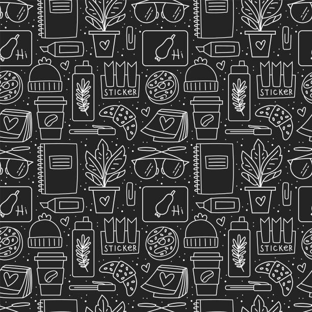 办公文具。无缝的图案、纹理、背景。笔记本，眼镜，植物，钢笔，马克笔，笔记本，甜甜圈，咖啡，羊角面包，配件。图片下载