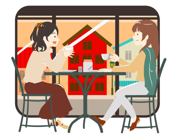 一个女人和她的朋友在一个有窗框的咖啡馆里消磨时间(没有排队)图片下载