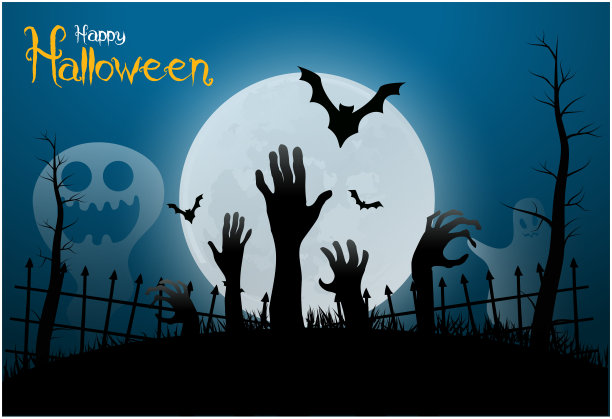 万圣节海报，夜晚背景与令人毛骨悚然的城堡和南瓜，插图。万圣节庆祝会贺卡，万圣节派对海报。图片下载