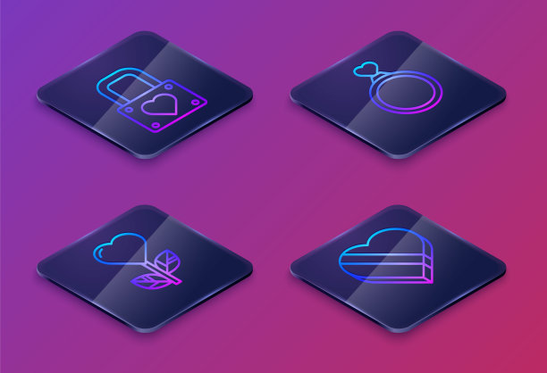 套等距线锁和心，心形状在一朵花，结婚戒指和糖果在心形盒。蓝色方块按钮。向量图片下载